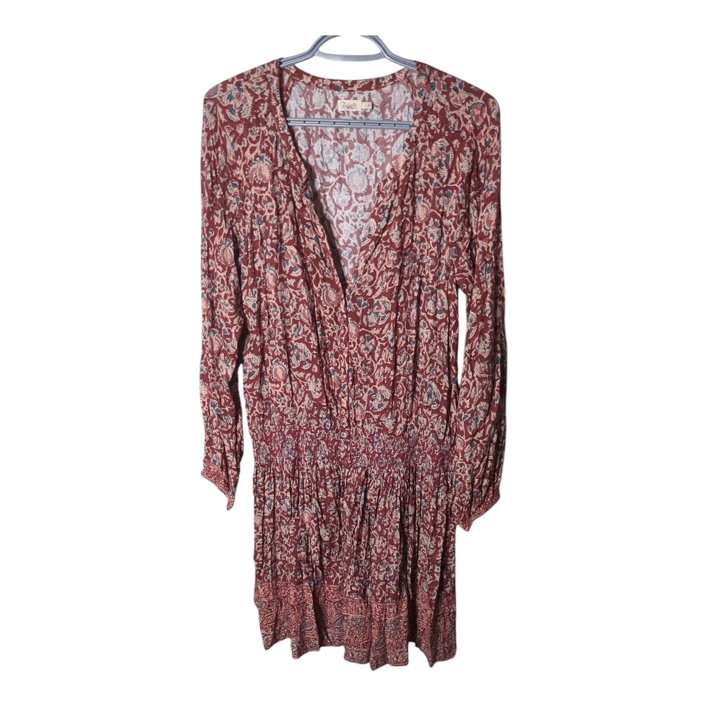 Faherty Montara Dress Merlot Floral‎ Long Sleeve Dress Smocked Size Large